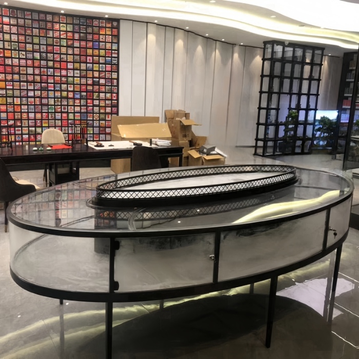 Top Glass Black Oval Display Metal Table